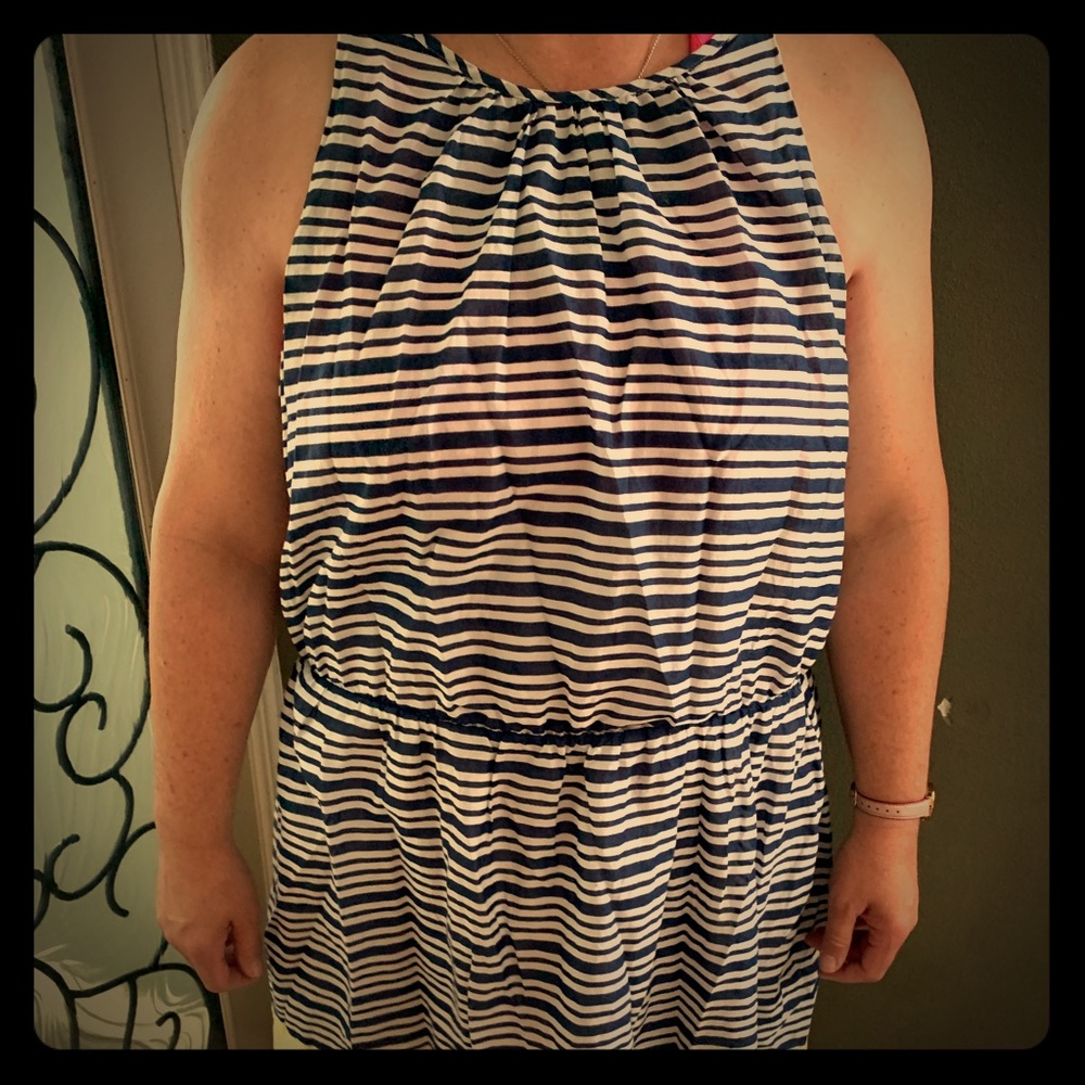 Navy/white striped Dress with yellow hem